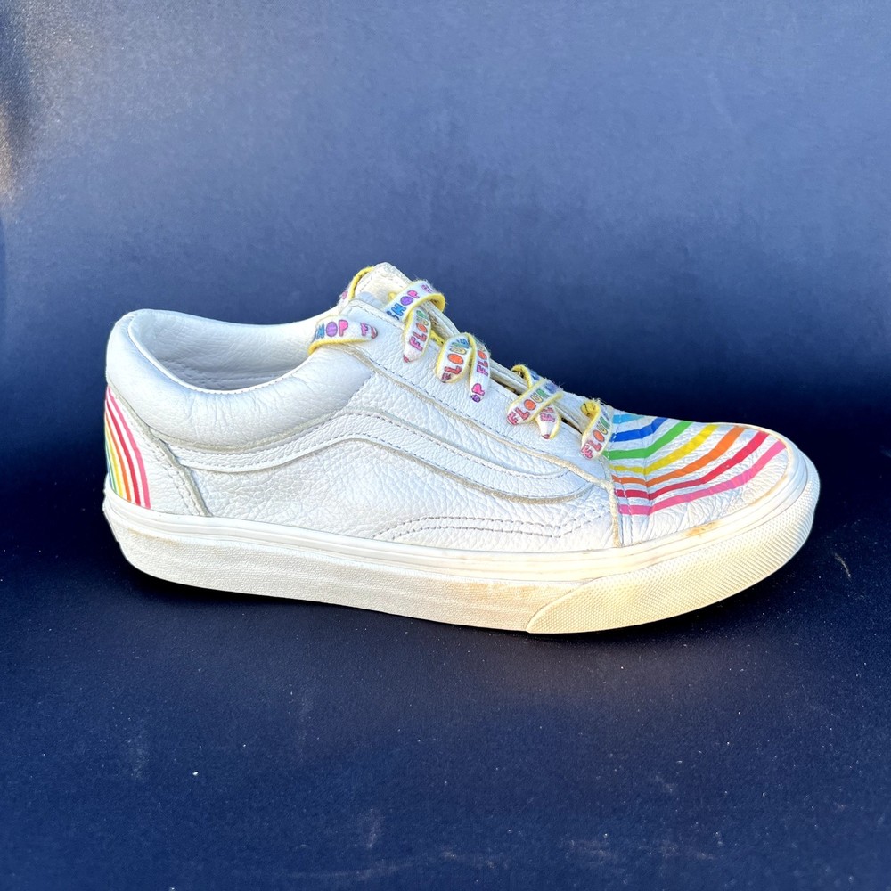 VANS x Flour Shop Womens 6 Old Skool Rainbow White Collab Leather Sneakers Shoes